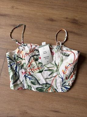 H&M White Linen-Blend Cropped Tank with Multicolor Leaf Print - small